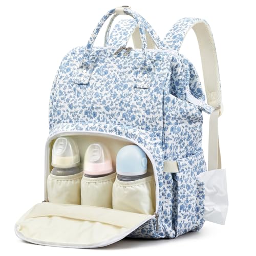 Blue Corduroy Floral Diaper Bag Backpack for Mom Large Capacity Multifunction Travel Backpack for Women, Cute Diaper Bag - color: Blue