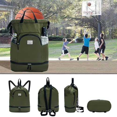 Kamo Drawstring Backpack Bag - Sport Swimming Yoga Backpack with Shoe Compartment, Two Water Bottle Holder for Men Women Large String Backpack Athletic Sackpack for Travel - color: Matcha Green