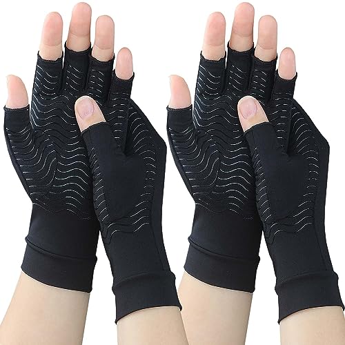 2 Pairs Copper Arthritis Compression Gloves for Rheumatoid, Osteoarthritis, Carpal Tunnel Pain Relief, Compression Hand Gloves for Women & Men,Anti-Slip Fingerless Gloves for Work,Typing (M) - size: Medium