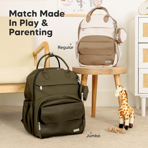 KeaBabies Diaper Bag Backpack - Multifunctional Travel Diaper Back Packs, Maternity Baby Changing Bags, Compact 18L Capacity, PU Leather, Waterproof, Unisex, Nappy Changing Pad (Dark Olive) - color: Dark Olive, style: Jumbo / 16.5" H