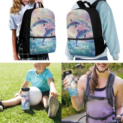 ZOUTAIRONG Rainbow Dolphins School Bags and Mini Water Bottle Large Capacity Bookbags Set Casual Backpack with Side Pockets for Small Thermos - color: Rainbow Dolphins