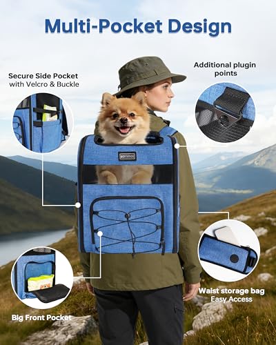 Hiking Dog Carrier Backpack, Padded Height-Enhancing Design, Adjustable Waist Cushioning Belt with Breathable Padded Back Support, Dog Carrier Backpack for Small Dogs Max 13LB Blue with Pad - color: Blue