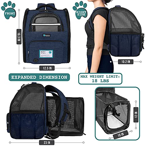 PetAmi Expandable Dog Backpack Carrier for Cats & Pets, Breathable Cat Carrier Backpack with Top Window & Multi-Entry, Ventilated Foldable Travel Carrier for Small Medium Pets up to 18 lbs, Navy - color: Navy