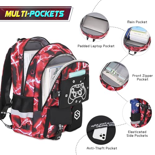 Scothen Boys Backpack, Cool Luminous School Backpacks for Boys with Lunch Bag Pencil Case, Kids Backpack Kindergarten Elementary Middle School Book Bags for Teen Boy Children with USB Charging Port - color: Red Lightning