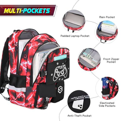 Scothen Boys Backpack, Cool Luminous School Backpacks for Boys with Lunch Bag Pencil Case, Kids Backpack Kindergarten Elementary Middle School Book Bags for Teen Boy Children with USB Charging Port - color: Red Lightning