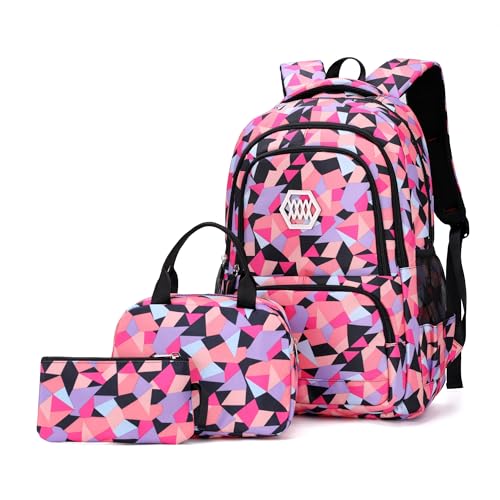 Bansusu 3Pcs Geometric Print Girls Backpack and Lunch Bag Set for Kids Elmentary Middle School Bags Bookbag - color: 3pcs-black-a, size: Large-A-3Pcs
