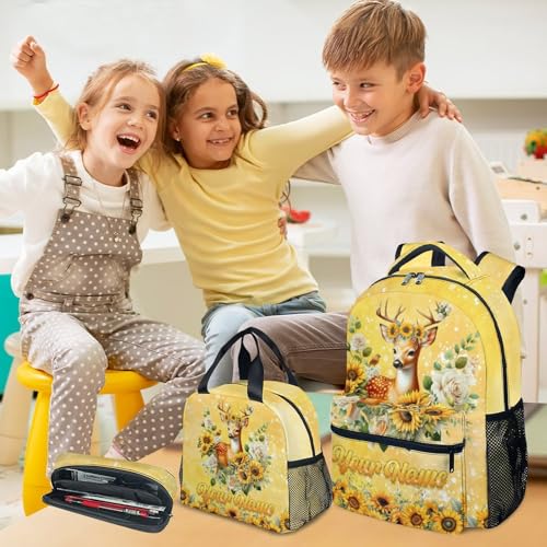 Mercuryelf Kids Personalized Backpack Deer 3PCS Backpack Set with Lunch Bag & Pencil Case, 17 Inch School Bookbag for Elementary Kindergarten - color: Blue