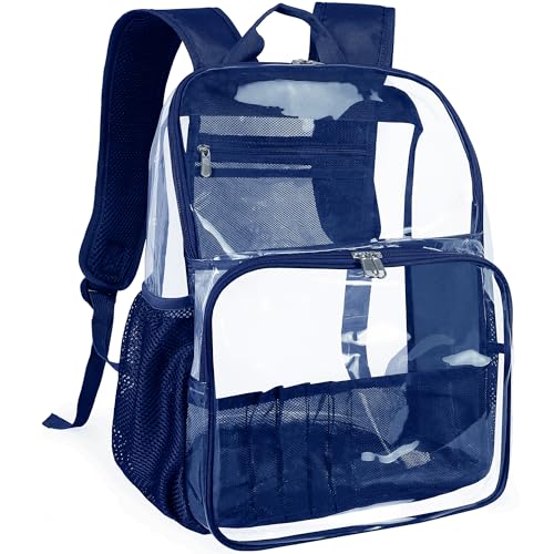 Clear Backpack,18'' See Through Backpack School Approved Heavy Duty Clear Backpack Transparent Bookbag for College Work Travel Security,Navy Blue - color: Navy Blue