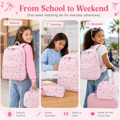 BTOOP School Backpacks for Teen Girls Bookbags Lightweight Kids Backpack School Bags Set with Lunch Box Pencil Case - color: Pink Bow-280
