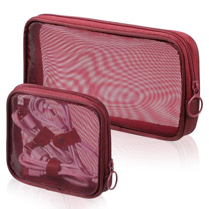 2 Pcs Purse Organizer Pouches Red Mesh Makeup Bag Mesh Cosmetic Bag Burgundy Makeup Bags Portable Travel Organizing Zipper Pouch Toiletries Make Up Pouches for Home Office Travel Accessories
