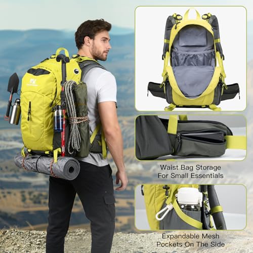 Farmer&Donkey Hiking Backpack, 40L Waterproof Camping Backpack with Packable Back Panel & Rain Cover, Men Women Rucking Backpacking Backpack Outdoor Sport Lightweight Travel Daypack for - color: Green