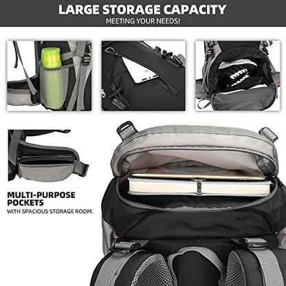 70L Camping Hiking Backpack with Rain Cover Waterproof Backpacking Backpack for Hiking Treeking Climbing Outdoor - color: Black