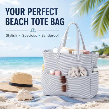 LEDAOU Beach Bag Waterproof Sandproof Women Beach Tote Pool Bag with Zipper for Swim Gym Grocery Travel with Wet Pocket | Sandproof - color: Light Gray White Stripes