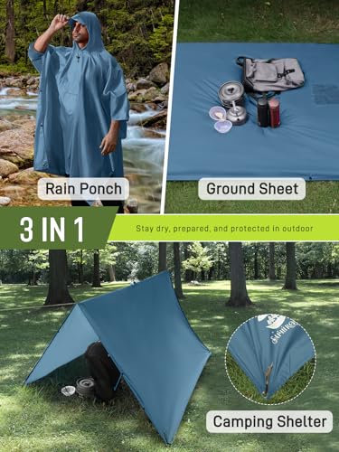 SaphiRose Extra Thick Hooded Rain Poncho Double Layer Waterproof Raincoat Jacket for Men Women Adults - color: Haze Blue