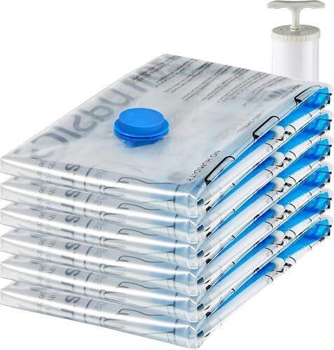 Amazon Basics Vacuum Storage Bags for Clothes, Space Saving Compression Storage Bags with Hand Pump, Heavy Duty, Stackable, Jumbo Size, Clear, 6-Pack - size: Jumbo