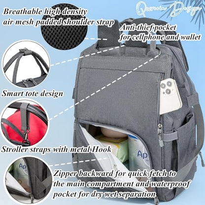 Diaper Bag Backpack for Dad and Mom with USB Charging Port Stroller Straps and Insulated Pocket,army military Travel Nappy Backpack (Dark Grey) - color: Black-grey