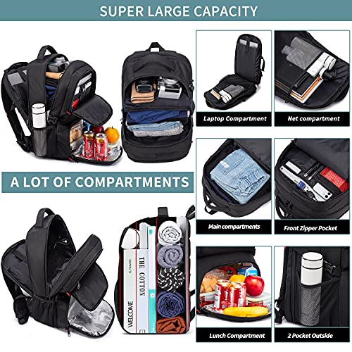 HILUSEN Extra Large Backpack for Men 50L, Insulated Cooler Lunch Box Backpack, Water Resistant 17inch Travel Laptop Work Bookbag with USB Charging Port,Black - color: Black