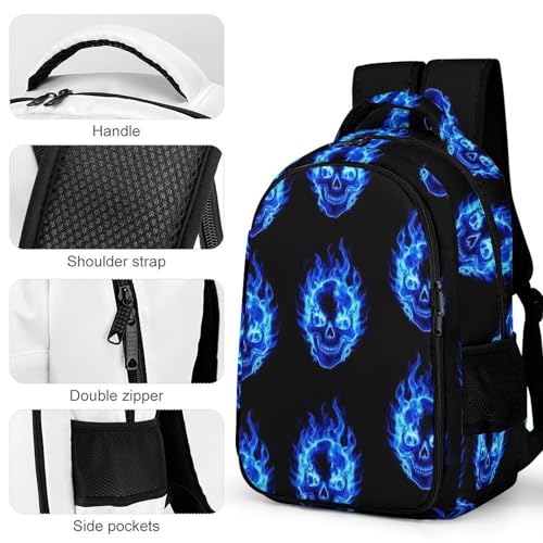 Cute College Laptop Backpack Fire Flaming Blue Cool Skull, Sturdy Travel Business Bag with Tumbler Holder Gifts for Nurse Teacher Women - color: Pattern (350)