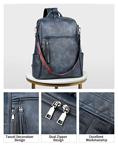 FADEON Leather Laptop Backpack for Women Designer 15.6 inch PU Laptop Bag, Ladies Travel Computer Work Backpack Blue - color: Dusty Blue Retro Style