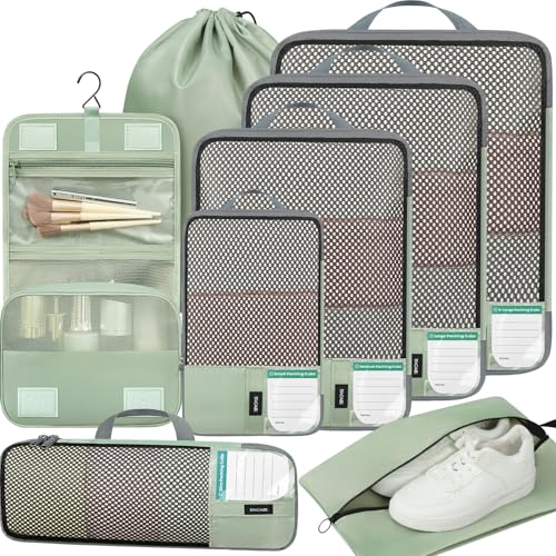 BAGAIL 4 Set/6 Set/8 Set Compression Packing Cubes Travel Accessories Expandable Packing Organizers(HalfMesh, 8-MatchaGreen) - color: 8-Matcha Green, style: Half Mesh