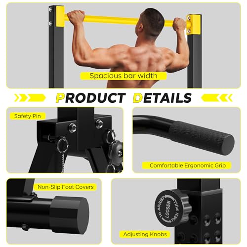 DlandHome Foldable Power Tower Pull Up Bar Dip Station, Adjustable Height Multifunction Workout Pull Up Tower Station for Home Gym, Strength Training Equipment, Triangular Legs, Up to 330lbs - color: Yellow