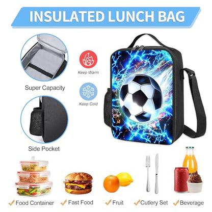3PCS Boys Backpack, Kids Back To School Backpack with Lunch Box Pencil Case Set, Cool Soccer Backpack for Boys Teens, 17" Schoolbag Bookbag for Elementary Middle High School Students - color: Light Soccer