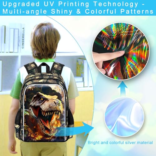 HPJGD 3PCS Dinosaur Kids Bookbag, Water Resistant Boys School Bag Set with Lunch Box, Cool Backpack for Elementary Preschool Toddler - Wall-Breaking T-Rex - color: Cool Uv Printed Wall-breaking T-rex Brown