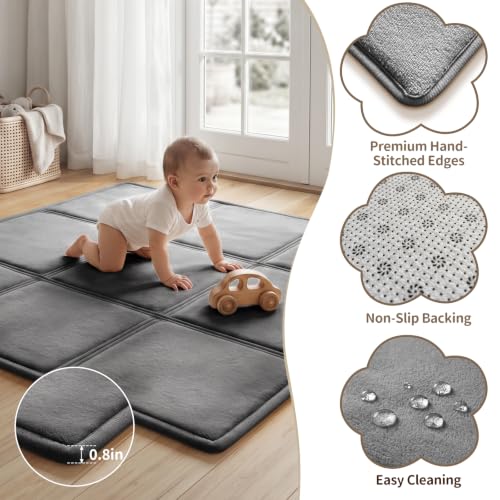 Goyuu Foldable Baby Play Mat for Floor, 50x50 Playpen Mat,Super Soft Velvet 0.8" Thick Cushioned Baby Tummy Time Mat, Non-Slip Water-Resistant Easy Clean Foam Playmat for Baby,Grey - color: Grey