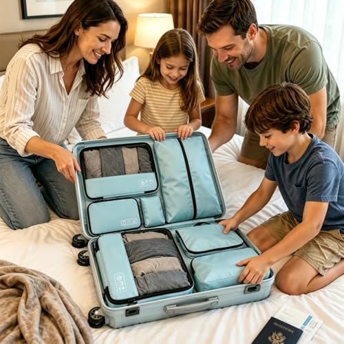 Compression Packing Cubes Set, Versatile 8pc Travel Essential Packing System- Lightweight Travel Organizers for Family & Business Travel, Space Save for Backpack, Duffel & Suitcase- Blue - color: Blue--8 Set