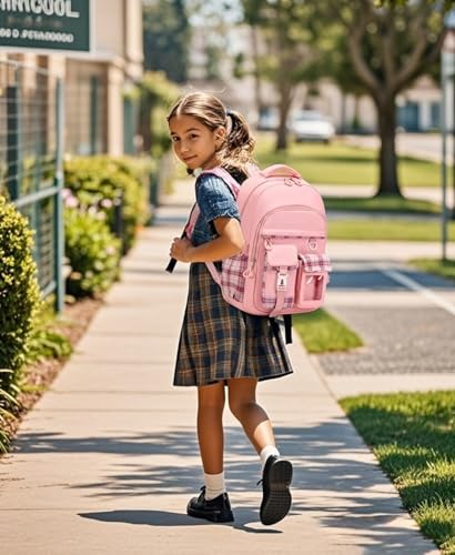 Girls Backpack with Lunch Box Cute School Backpack for Girls Kids Teens Kawaii Bookbag Set for Primary Elementary，Pink - color: Pink