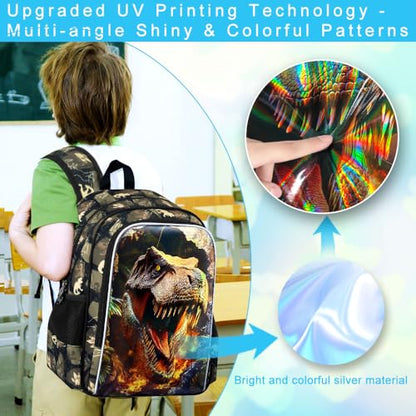 3Pcs Dinosaur Backpack for Boys, 16" Kids School Bookbag with Lunch Box, Dino Backpacks Set for Elementary Preschool Kindergarten(Brown) - color: Dionsaur Brown01