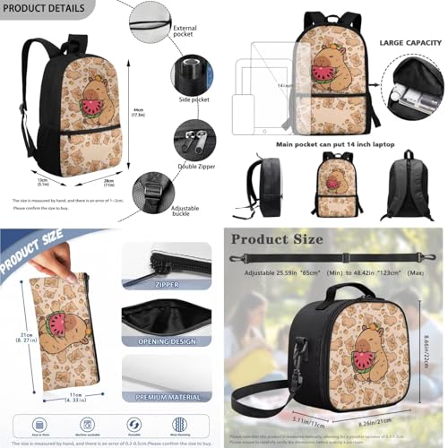 3 PCS Cartooon Capybara Backpacks for School Kid Girl's School Backpack Bookbag with Reusable Lunch Box Pencil Case Pouch Large 17 Inch Travel Daypack Set - color: Capybara