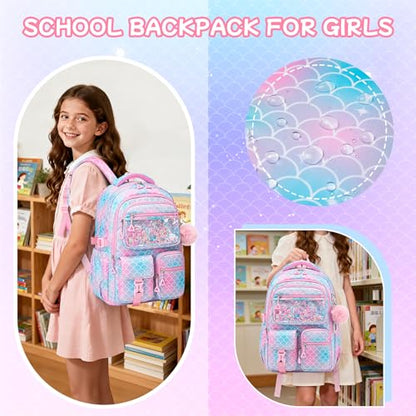 Girls Backpack,School Bag for Kids,Primary,Elementary,teen ages 6-15 Girls Bookbag,Students Kawaii Backpack Pink mermaid - color: Pink Mermaid