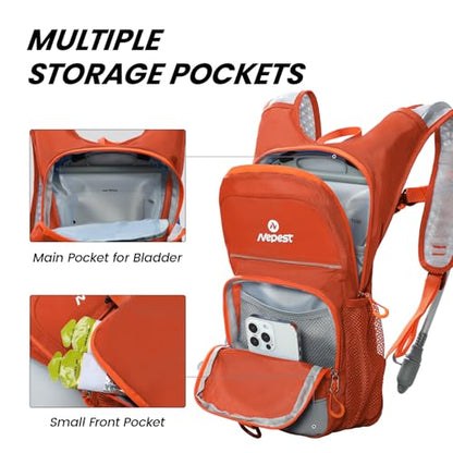 Nepest Kids Hydration Backpack, Mini Water Backpack with 1.5L Water Bladder for Hiking Cycling Running - color: Orange