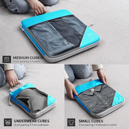 9-Set Packing Cubes with Hanging Bag | 9-Size Combination, Mesh Fabric & Reflective Stripe | Travel Luggage Organizers (sky blue) - color: sky blue