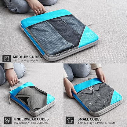 9-Set Packing Cubes with Hanging Bag | 9-Size Combination, Mesh Fabric & Reflective Stripe | Travel Luggage Organizers (sky blue) - color: sky blue