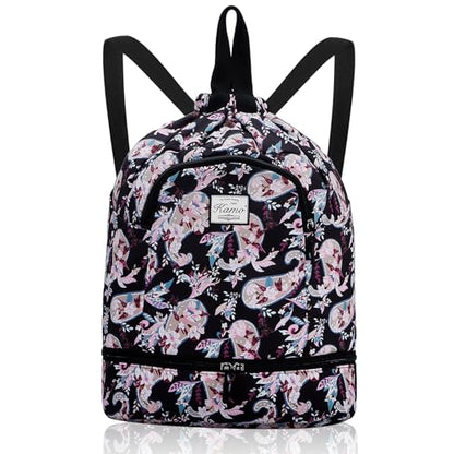 Kamo Drawstring Backpack Bag - Sport Swimming Yoga Backpack with Shoe Compartment, Two Water Bottle Holder for Men Women Large String Backpack Athletic Sackpack for Travel - color: Cashew Flower
