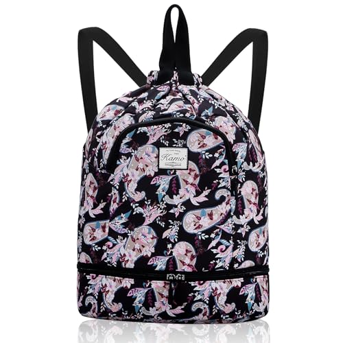 Kamo Drawstring Backpack Bag - Sport Swimming Yoga Backpack with Shoe Compartment, Two Water Bottle Holder for Men Women Large String Backpack Athletic Sackpack for Travel - color: Cashew Flower