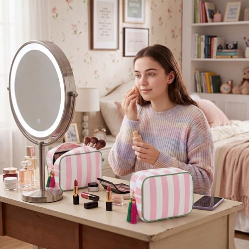 Kacctyen 6 Pack Light Pink and White Striped Makeup Bag bulk with Tassel Travel Cosmetic Pouch Organizer Large Zipper Toiletry Case for Women Aesthetic Storage Pouch Mahjong Tile Bag - color: Light Pink and White