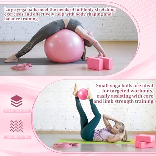 Pilates Set with 2 Yoga Exercise Balls (25.6”&9.8”), Yoga Block, Stretch Strap & Foot Pump, Stability Fitness Ball Kit for Home Gym Equipment Workout Pregnancy Physical Therapy - color: Pink