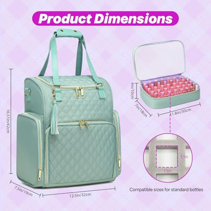 Nail Bag Organizer Case Backpack, Nail Bag Holds 80 Bottles (15ml-0.5 fl.oz) and Nail Lamp, Nail Polish Case with 2 nail polish Bag, Portable Travel Backpack for Nail Tech Supplies Manicure Tools - color: Green