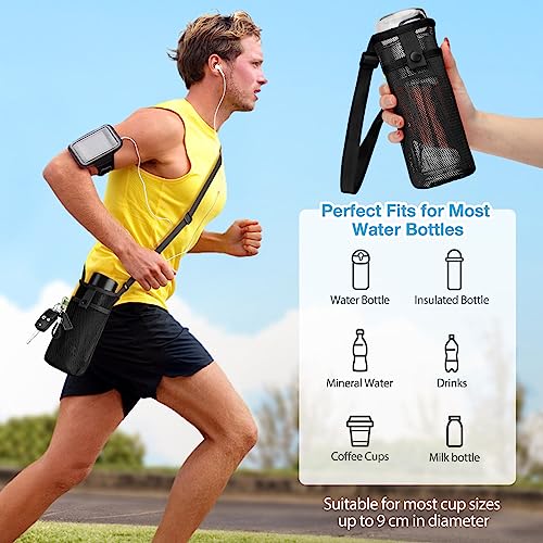 BINSUNS 2 Pcs Large Water Bottle Bag with Strap, Mesh Water Bottle Carrier Holder Crossbody Water Sling Bag Shoulder Strap and Pocket - Walking Sports Hiking Camping (Black+Beige) - color: Black+Beige, size: 2 Pcs-Large