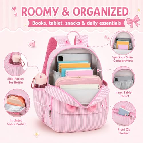 BTOOP Kids Backpack for Boys Girls 3-6, Preschool Kindergarten Backpack with Insulated Lunch Compartment & Chest Strap (Pink Stripes-M, Age 3-6 (14.5" H Fit Folder)) - color: Pink Stripes-m, size: Age 3-6 (14.5" H Fit Folder)