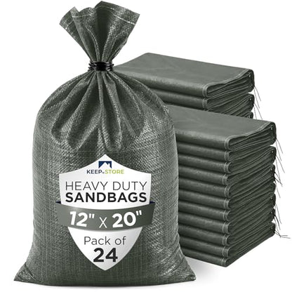 Heavy Duty Sand Bags Pack of 24, Army Green Empty Sandbags with Built-In Ties, Woven Polypropylene UV Protection 1600 Hours, Fillable Bags for Flood Control, Weight, 12x20 inches, 25 Pounds Volume - size: 12"W x 20"L, style: Pack of 24