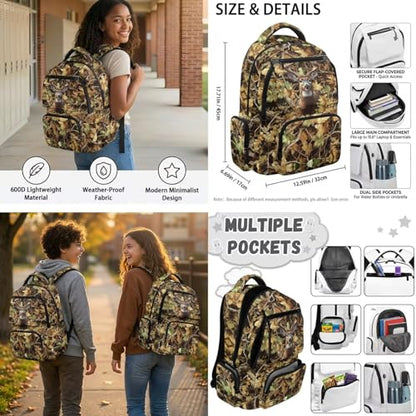 Talayituse Deer Hunting Camo Print Kids Backpack Set for Teens Boys 17.7 Inch 6 in 1 School Bookbag Knapsack with Lunch Bag Pencil Case Water Bottle Sleeve for Hiking Travel Daypack - color: Deer Hunting Camo