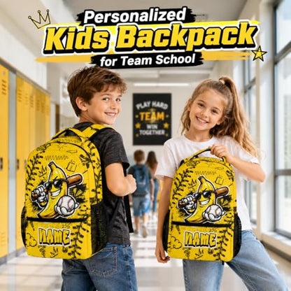 Personalized Kids Backpack Custom Baseball Schoolbag for Boys, Fun Banana Bookbag for School Travel Hiking - color: Yellow