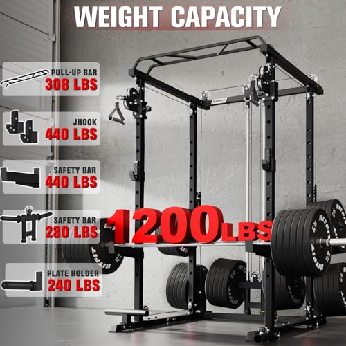 RitFit Multi-Function Garage & Home Gym Package Includes 1200LBS Power Cage PPC03/P3 with Cable Crossover System, Weight Bench, Olympic Barbell Weight Set, Full Body Workout - color: Black, style: Package 1.5K (with FBP 230lbs Plates)