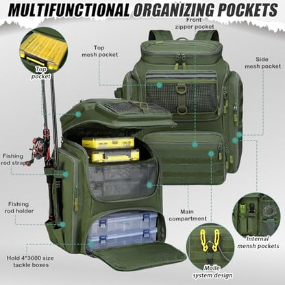 HAMBOLY Fishing Backpack 45L with Rod Holders, Water-Resistant Tackle Backpack for Fishermen, Large Capacity Fishing Gear Bag for Travel Hiking Camping - color: Army Green
