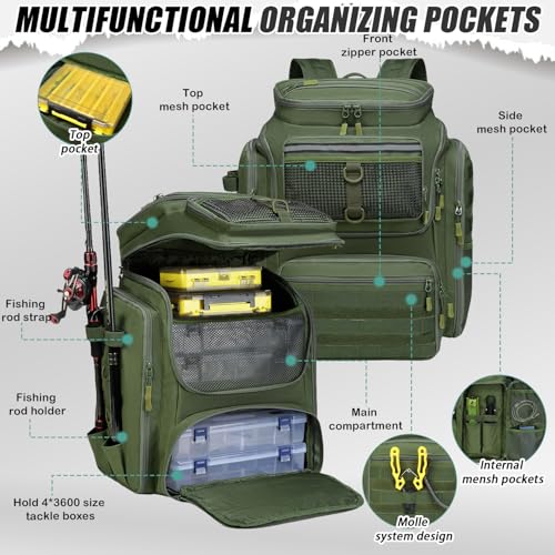 HAMBOLY Fishing Backpack 45L with Rod Holders, Water-Resistant Tackle Backpack for Fishermen, Large Capacity Fishing Gear Bag for Travel Hiking Camping - color: Army Green (4 Tackle Boxes Included)