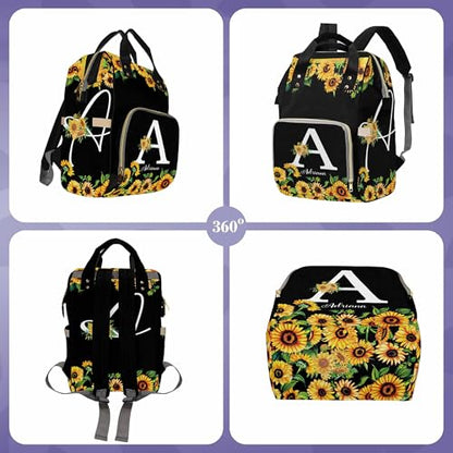 Newcos Personalized Lovely Sunflowers with Initial Letter Diaper Backpack with Custom Name Shoulder Mommy Baby Bag, One Size - color: Mul 01